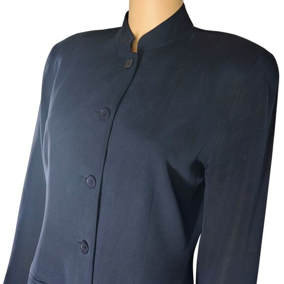 Pure Silk Blue Long Short Collar Blazer Split Sides Shoulder Pads Size 6 - Picture 5 of 8